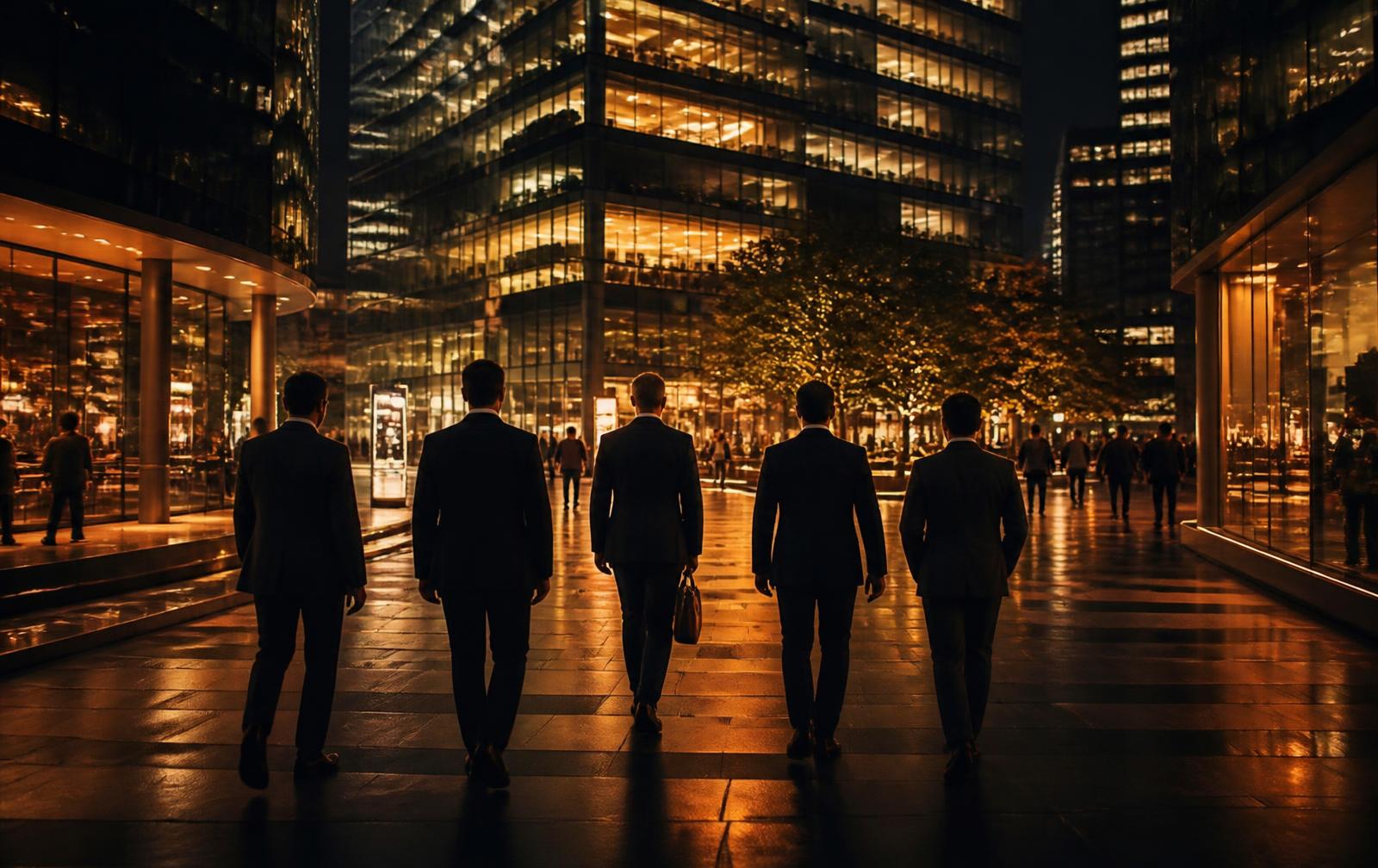Executives walking through an illuminated corporate plaza
