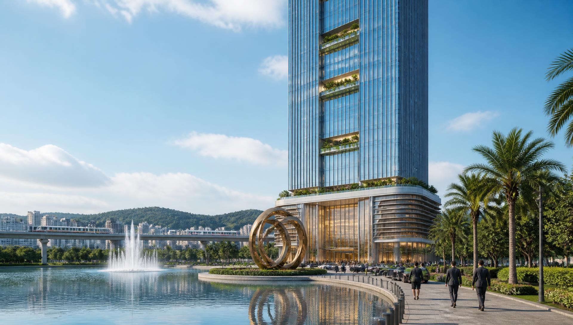 SUGEE Lake Trade Centre — 45-storey biophilic Grade A commercial tower with interlocking ring sculpture, fountain, lake and metro line