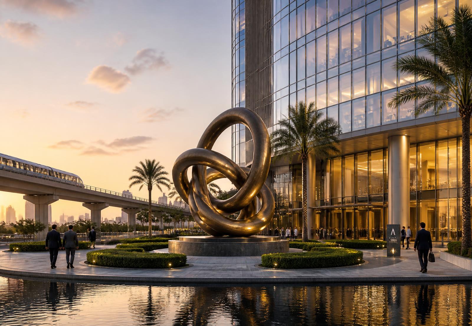 Signature interlocking ring sculpture beside a fountain, trees and a corporate pathway at the Lake Trade Centre arrival plaza